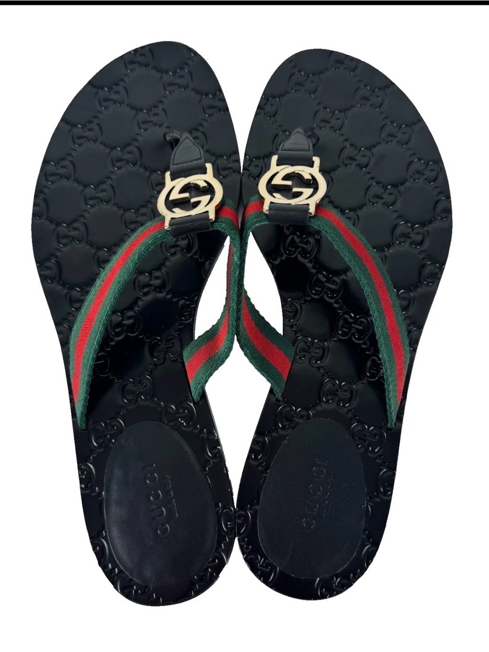 Gucci Black Leather Thong Sandals with Red and Green Web and Gold GG - Picture 7 of 15